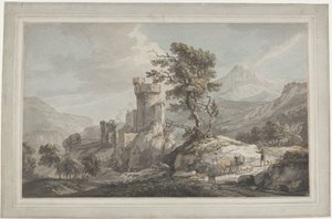 Fjelllandskap med en festning Fjelllandskap med ruiner, et høyt tre og en gjeter med storfe av Paul Sandby