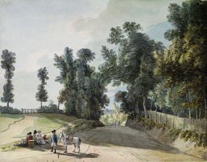 På veien til Tonbridge: Reisende hviler på et band ved siden av veien, av Paul Sandby