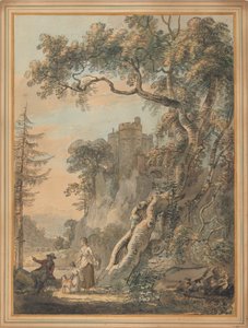 Romantisk landskap - Bønder ved foten av et slott på en stein av Paul Sandby