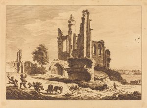 Ødelagt kloster med storfe og en mann som hogger ved av Paul Sandby