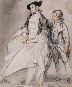 Studie av fru Mercier sittende i en stol, og hennes yngste sønn, Henry Mercier som står bak henne, av Paul Sandby