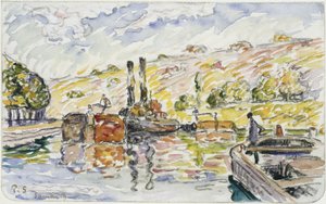 Elvelandskap med slepebåter og lektere av Paul Signac