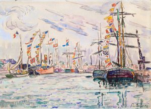 Seilbåter med ferieflagg ved en brygge i Saint-Malo, 1920-tallet. av Paul Signac