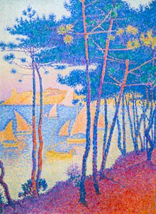 Seilbåter og furutrær, ca. 1896 (olje på lerret) av Paul Signac