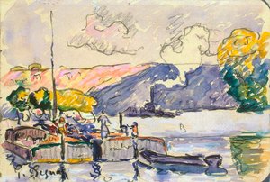 To lektere, båt og slepebåt i Samois, c1900. av Paul Signac