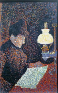 Kvinne under lampen - olje på lerret av Paul Signac