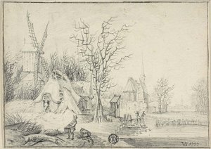 Landsby med vindmølle og kirke av Paul Theodor van Brussel