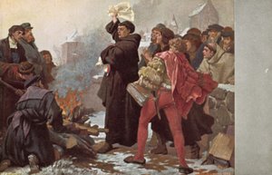 Martin Luther brenner den pavelige oksen og truet ham med ekskommunikasjon foran Elstertor i Wittenberg, Tyskland, 10. desember 1520