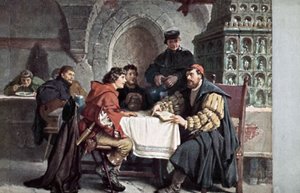 Martin Luther i samtale med studenter i Gasthof der Baren, Jena, Tyskland, mars 1522