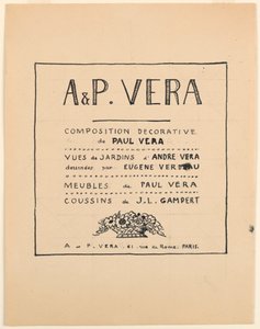 Tegning, tittelside, A & P Vera, Dekorativ komposisjon av Paul Vera / Utsikt over André Veras hager tegnet av Eugène Verdeau / Møbler av Paul Vera / Puter av J. L. Gampert, 1912–19 av Paul Vera