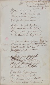 'Han gråter i mitt hjerte, mens det regner på byen ...', Håndskrevet dikt av 'Romances Sans Paroles', 1873 (penn og blekk på papir)
