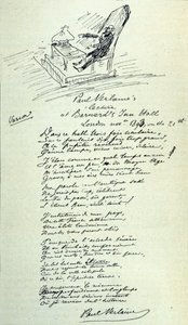 Dikttegn av den franske poeten Paul Verlaine (1844-1896) med skisse av representanten under en lesning. 21.11.1893