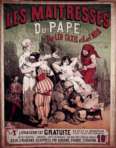 Plakat for "The Maitresses of the Pope" av Leo Taxil (1854-1907) og Karl Milo, antiklerikalsk bok fra 1884. En kvinne er representert torturert på søylen, en bøddel gjennomborer brystet hennes. Illustrasjon av Hode, 1900-tallet. Privat samling