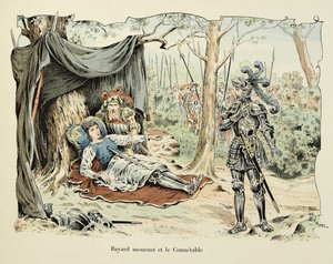 Illustrasjon hentet fra boken "Histoire du chevalier Bayard" av Theodore Cahu, illustrert av Paul De Semant (1855-1915): Bayard dying and Le Connetable de Bourbon 1524 av Paul de Semant