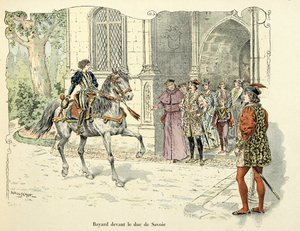 Illustrasjon hentet fra boken "Histoire du chevalier Bayard" av Theodore Cahu, illustrert av Paul De Semant (1855-1915): Bayard 11 år før hertugen av Savoy 1486 av Paul de Semant