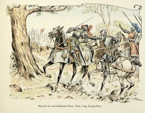Illustrasjon hentet fra boken "Histoire du chevalier Bayard" av Theodore Cahu, illustrert av Paul De Semant (1855-1915): Bayard sårer dødelig med et skudd av arkebuse 1524