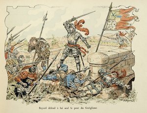 Illustrasjon hentet fra boken "Histoire du chevalier Bayard" av Theodore Cahu, illustrert av Paul De Semant (1855-1915): Bayard forsvarer bare broen til Garigliano 1504