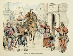Illustrasjon hentet fra boken "Histoire du chevalier Bayard" av Theodore Cahu, illustrert av Paul De Semant (1855-1915): Bayard hylles i Grenoble