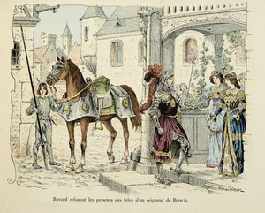Illustrasjon hentet fra boken "Histoire du chevalier Bayard" av Theodore Cahu, illustrert av Paul De Semant (1855-1915): Bayard nektet gavene til døtrene til en herre av Brescia 1512 av Paul de Semant