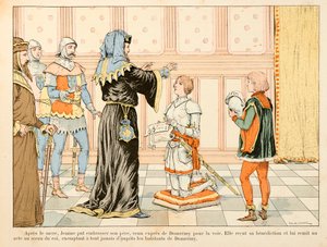 Illustrasjon hentet fra boken "" Joan of Arc "" av Theodore Cahu og illustrert av Paul De Semant (1855-1915): Etter kongens kroning møter Jeanne faren sin, mottar hans velsignelse og presenterer for ham en handling av kongen fritak for innbyggerne av Paul de Semant