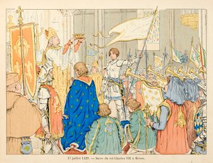 Illustrasjon hentet fra boken "" Joan of Arc "" av Theodore Cahu og illustrert av Paul De Semant (1855-1915): Sacre of King Charles VII in Reims 17. juli