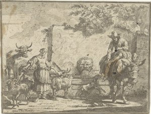 Woman and a Man on a Donkey by a Water Spring Pastoral Landscapes (serietittel)