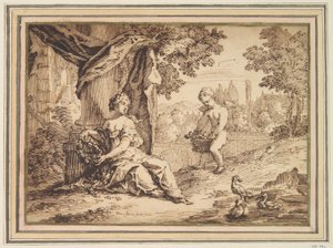 Kvinner sitter under søylen med Putto av Paul van Somer
