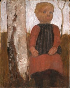 Barn i rød kjole på bjørkestammen av Paula Modersohn-Becker