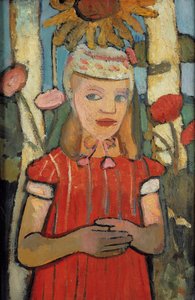 Jente i rød kjole foran solsikke, 1907. av Paula Modersohn Becker