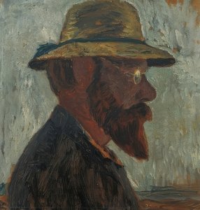 Otto Modersohn med stråhatt i profil til høyre. Rundt 1905 av Paula Modersohn Becker
