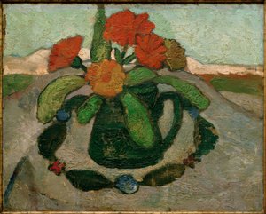 Stilleben med ringblomster foran et landskap av Paula Modersohn Becker