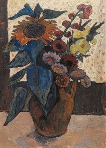 Stilleben med solsikker, stokkroser og georginer. 1907 av Paula Modersohn Becker