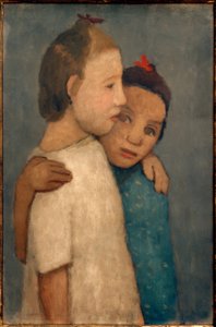 To jenter i hvite og blå kjoler holder om skuldrene av Paula Modersohn Becker