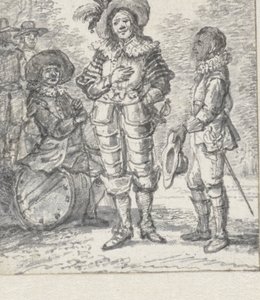 Design for en teatergruppeillustrasjon: to stående figurer og en sittende figur av Paulus Constantijn la Fargue