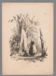 Landskap med en kvinne som henger opp klesvasken Landscape Studies av Paulus Lauters (serietittel) Nouvelle suite de 40 études de paysages av P. Lauters (serietittel) av Paulus Lauters (attributed to)