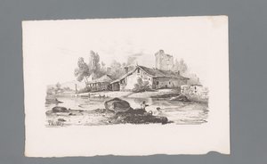 Utsikt over et hus som ligger ved en elv Prinsipper for landskap (serietittel) Principles de paysages (serietittel) av Paulus Lauters