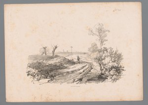 Landskap med figur med spaserstokk på landevei Landscape Studies av Paulus Lauters (serietittel) Nouvelle suite de 40 études de paysages av P. Lauters (serietittel) av Paulus Lauters