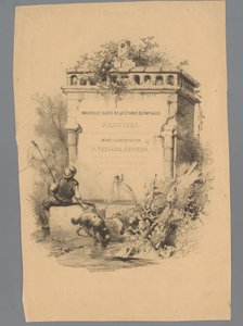Mann med hund sitter på kanten av en fontene Landscape Studies av Paulus Lauters (serietittel) Nouvelle suite de 40 études de paysages av P. Lauters (serietittel på objekt) av Paulus Lauters