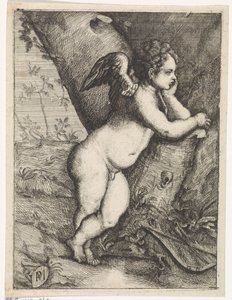 Amor funderer ved en trestamme av Paulus Moreelse