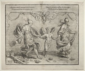 Amor danser med to allegoriske kvinner av Paulus Moreelse
