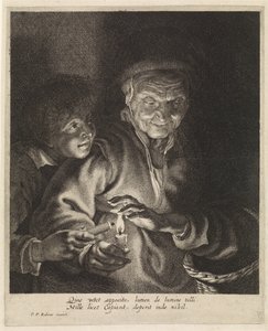 Gammel kvinne og gutt med stearinlys av Paulus Pontius