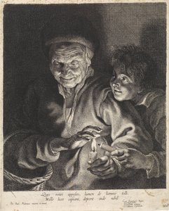 Gammel kvinne og gutt med lys av Paulus Pontius