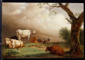 Storfe på en åker, med reisende i en vogn på et spor bortenfor og et kirketårn i det fjerne, en regnstorm nærmer seg, 1652 av Paulus Potter