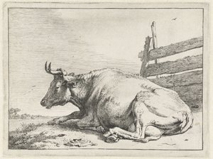 Liggende ku ved et gjerde The Bullen Booklet (serietittel) av Paulus Potter