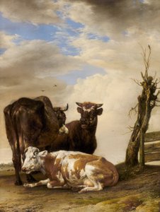 To kyr og en ung okse ved siden av et gjerde i en eng av Paulus Potter