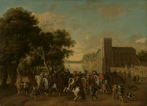 Prins Maurits, akkompagnert av prins Frederik Hendrik, Frederick V av Böhmen og hans kone Elizabeth Stuart, og andre, på Buitenhof, Haag