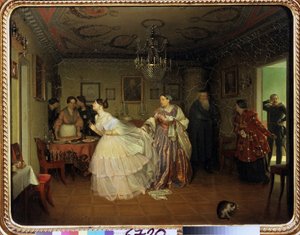 Majors forlovelse (majors forlovelse). Beskrivelse av en stue, dekorasjon, servise og 1800-tallsmøbler, En eldre kvinne kunngjør majorens ankomst, bruden slipper det hvite blondetørkleet sitt og snur seg glad bort, tilbakeholdt av