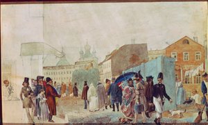 Gatebilde i regnet i Moskva. Verk av Pavel Andreyevich Fedotov (1815-1852), akvarell på papir av Pavel Andreevich Fedotov