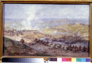 En scene fra den russiske tyrkiske krigen (1876-1878) (A Scene of the Russo Turkish War). Slagmarken på Balkan, hvor soldatene fra den russiske hæren og Det osmanske riket kolliderer, under beleiringen av Pleven (eller Plevna, i Bulgaria), i 1877. Maleri