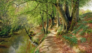 Et skogkledd elvelandskap (olje på lerret) av Peder Monsted